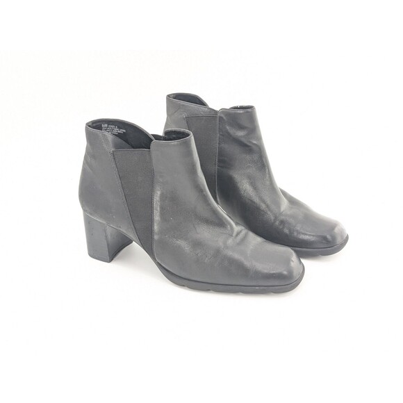 Aerosoles Black Leather Pull On Ankle Square Toe Block Heel Boots Size 8.5 W - Picture 2 of 12